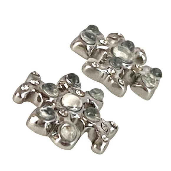 NEW Roxanne Silvertone Resin & Crystal T-Logo Stud Earrings - Picture 2 of 5